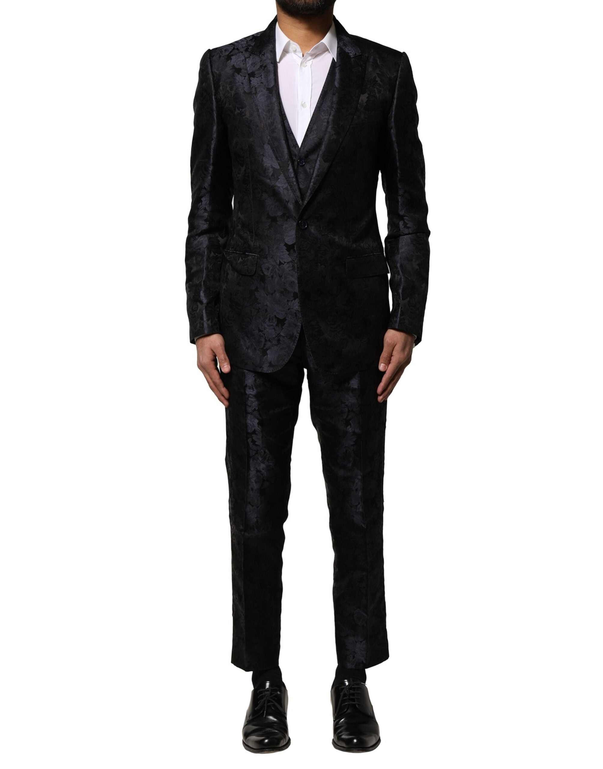 Silk Jacquard Single Breasted Pant Suit — Black