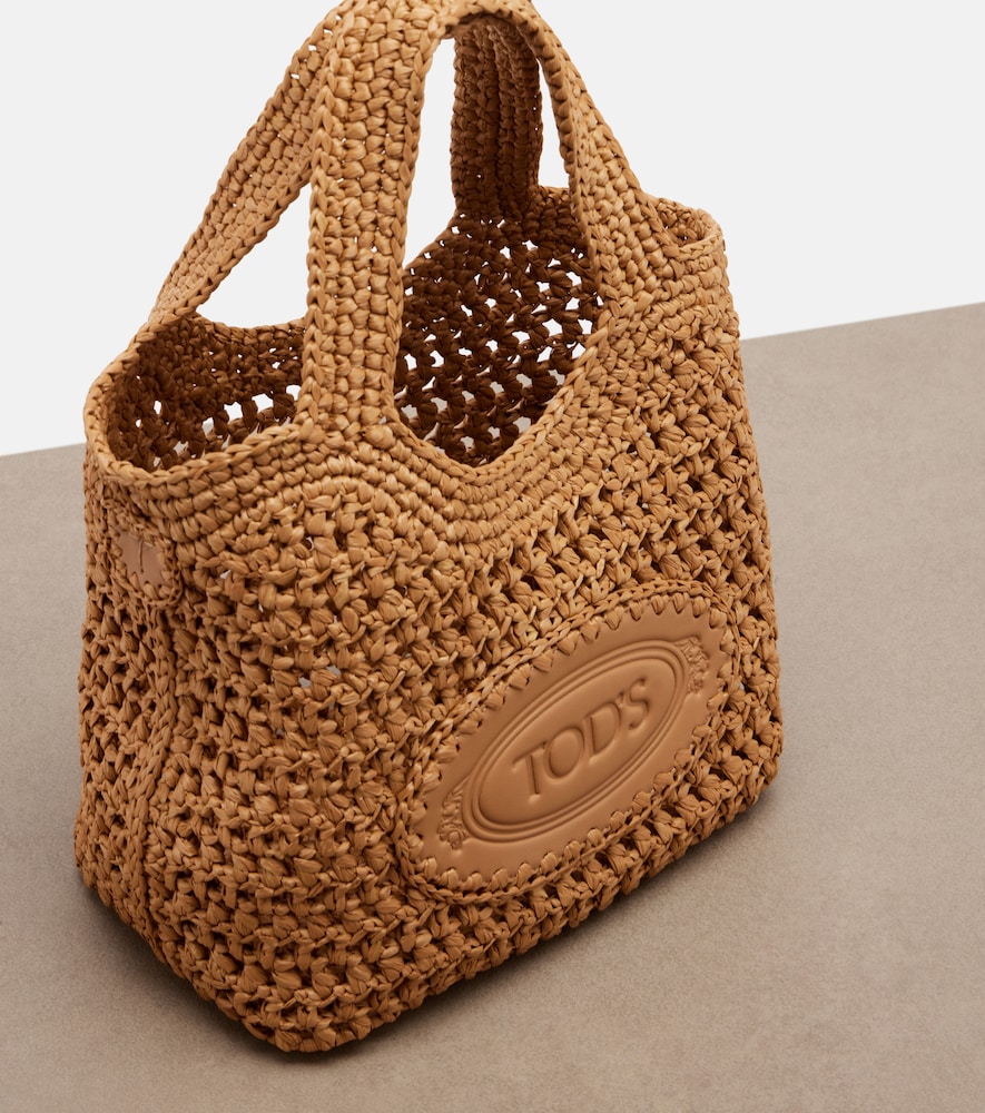 Logo leather-trimmed raffia tote bag