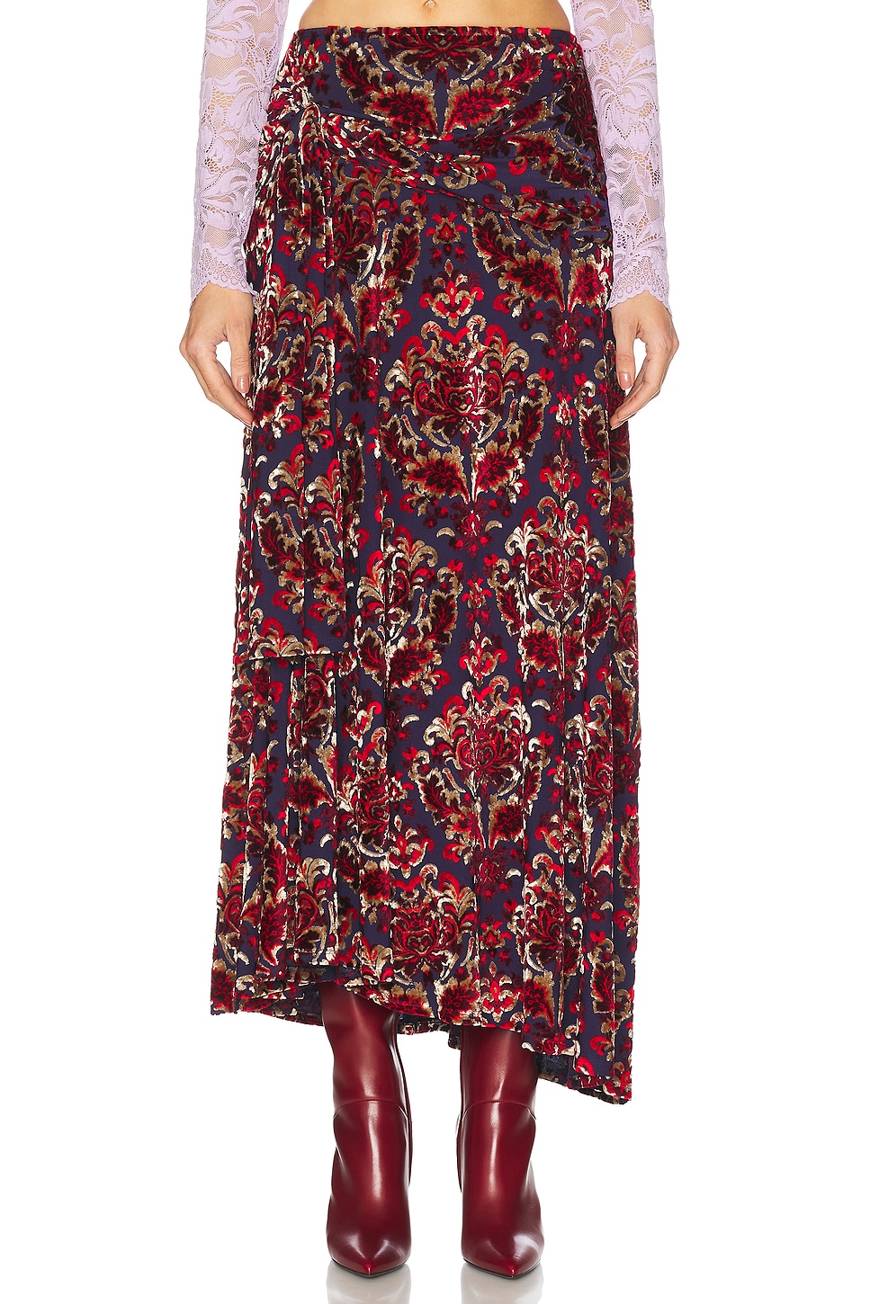 RABANNE Velour Skirt in Jacquard Tapestry & Navy - Red.  42 also in