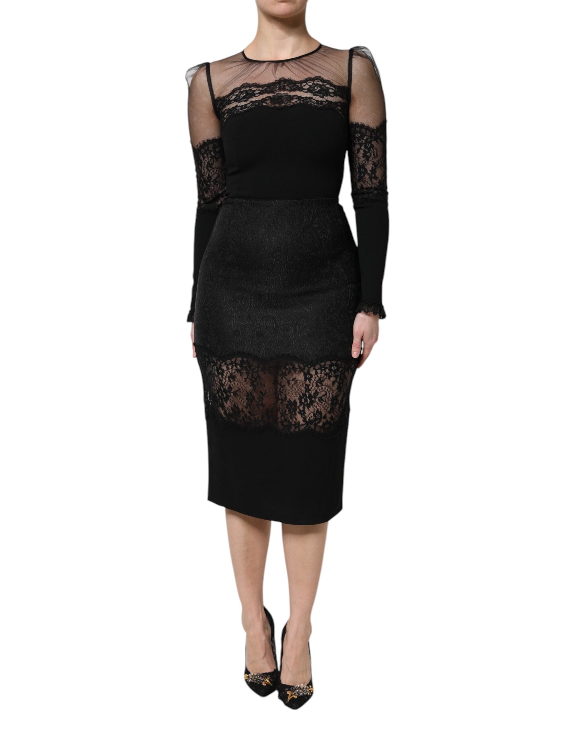 Lace-Trim Nylon Tulle Sheath Dress — Black