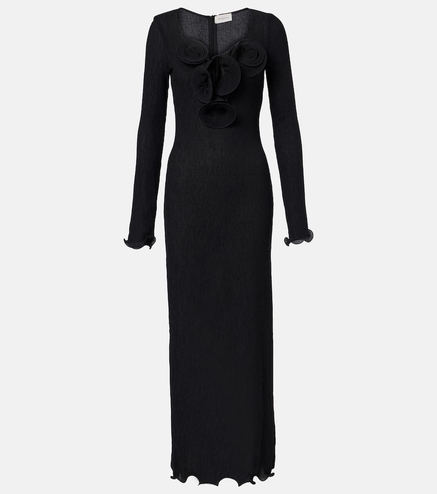 Floral-appliqués sheer maxi dress