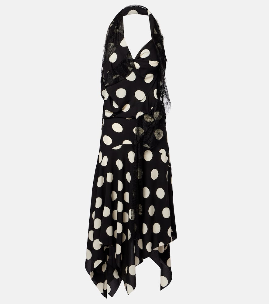 Lace-trimmed polka-dot midi dress