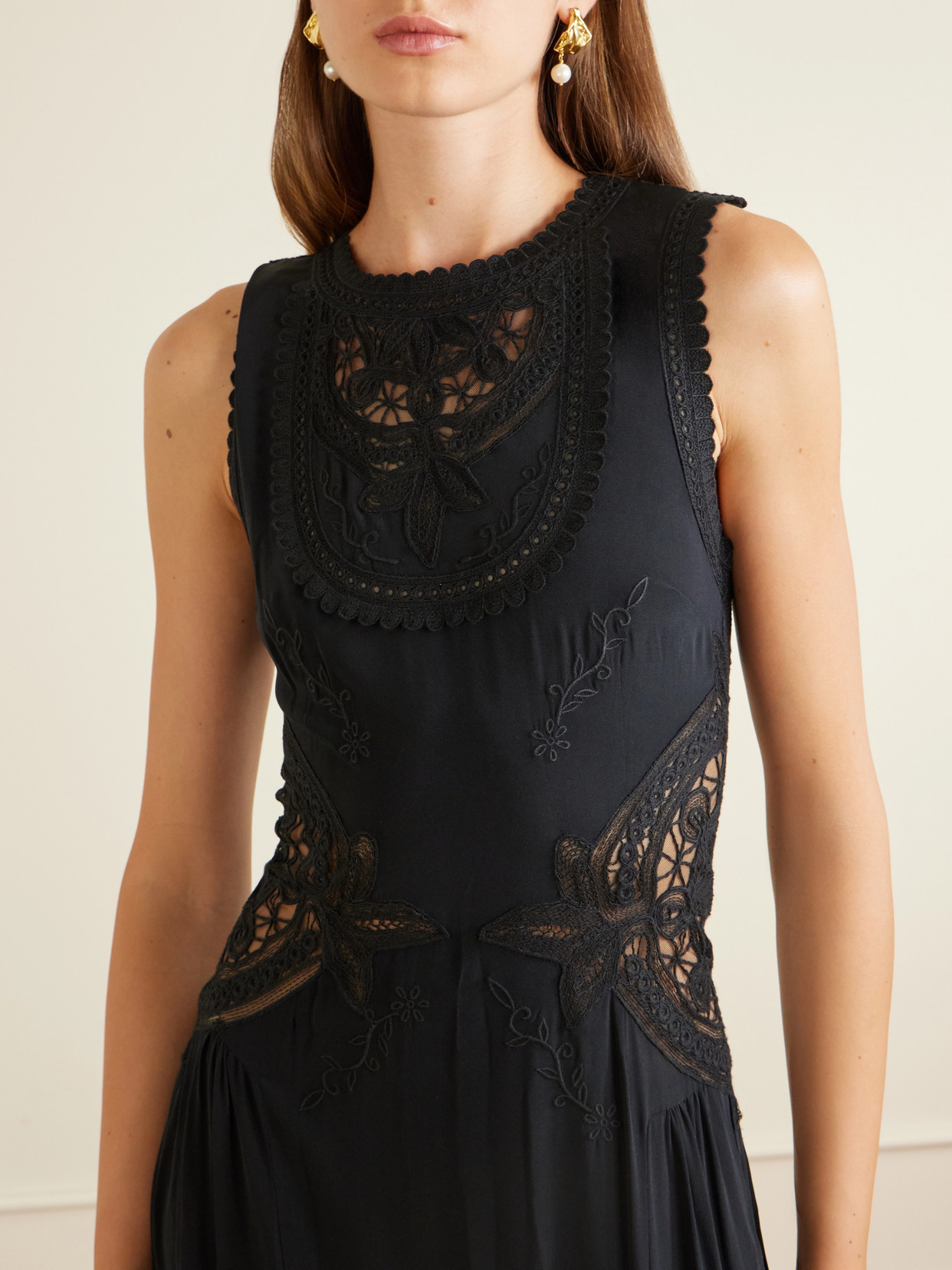 Florence Embroidered Tulle And Silk Crepe De Chine Gown - Black