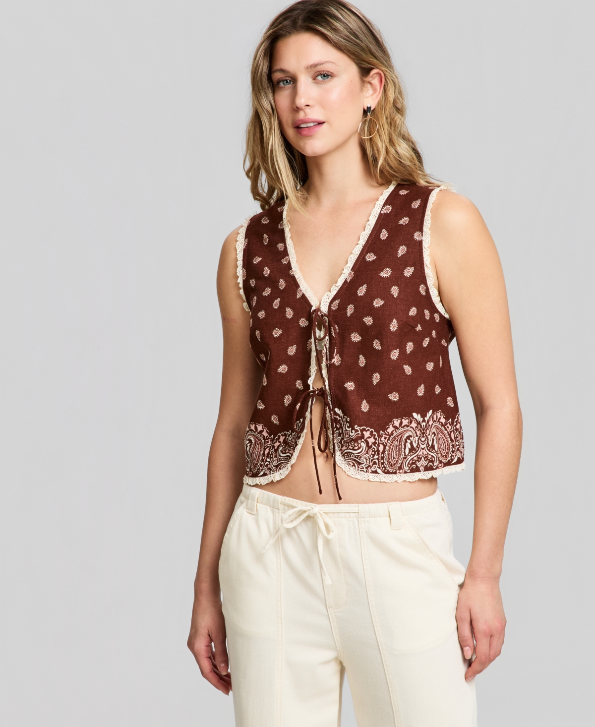 Women's Bandana Tie-Front Vest, Macy's Exclusive - Warm Cognac