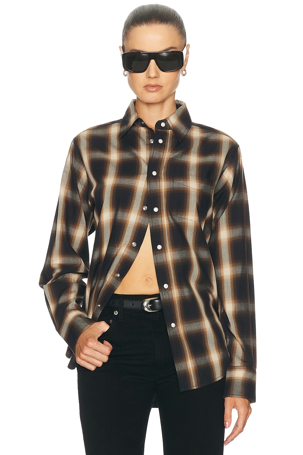 Eterne Ford Yarndye Plaid Button Up Top in Mushroom & Black - Brown. S also in