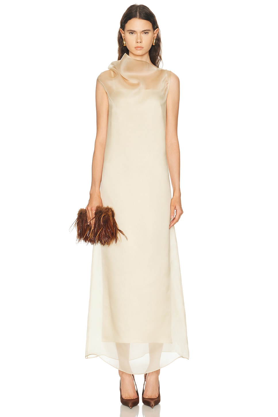 SEV High Neck Organza Column Dress in Sand - Cream. 34 also in