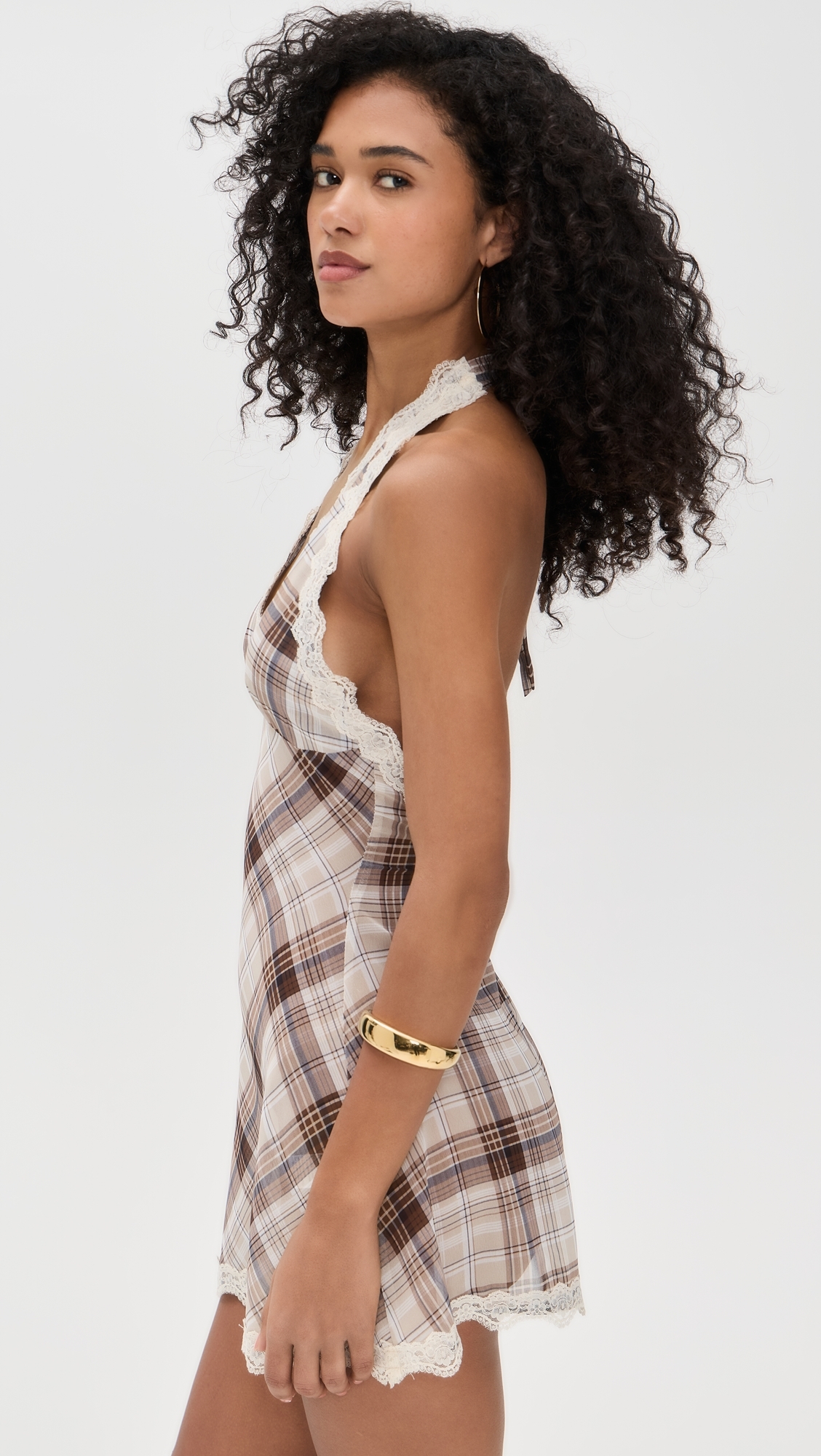 Lioness Stars Align Mini Dress Tan Plaid 