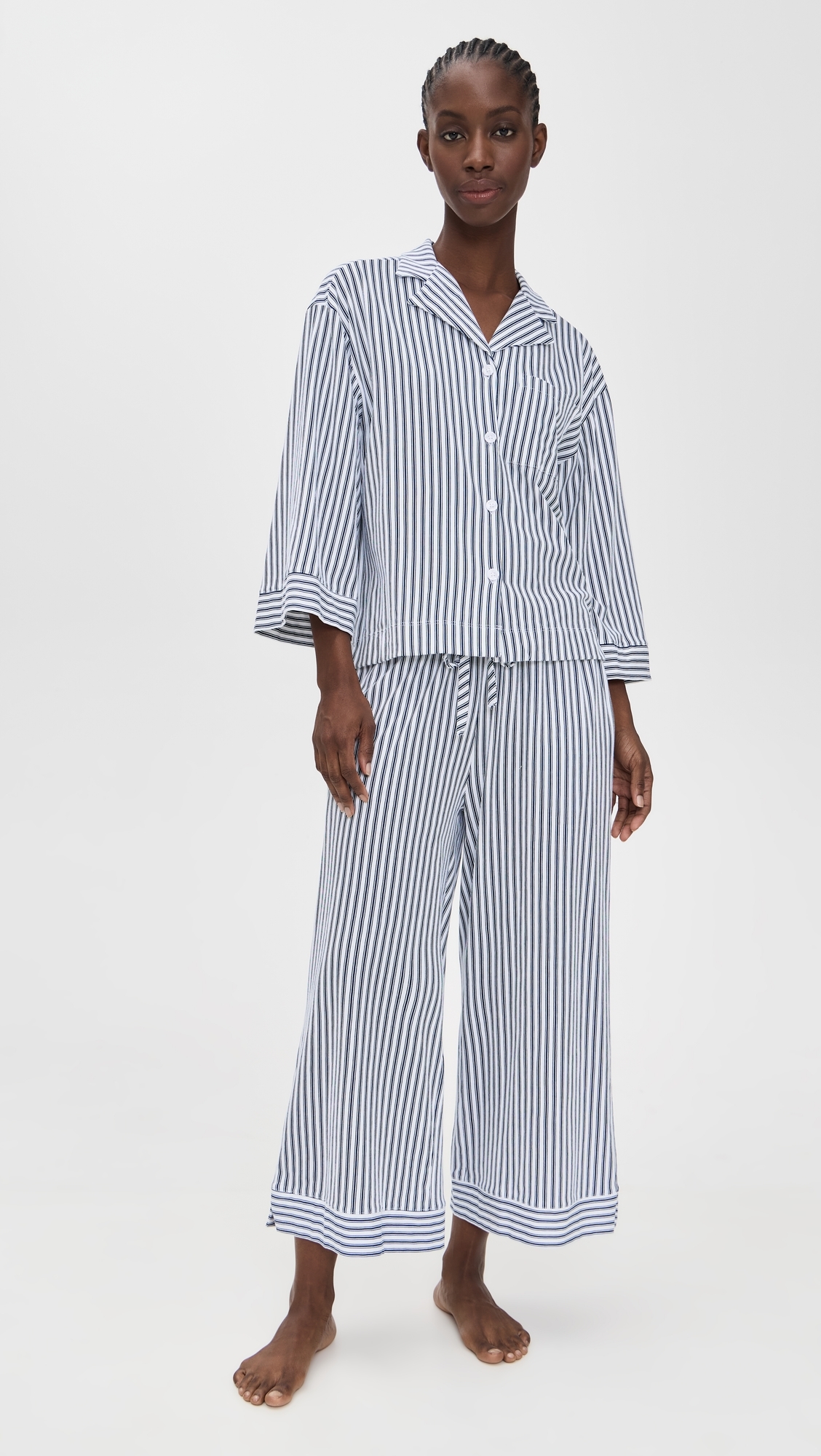 Luxe Pima French Ticking Wide Leg Pajama Set Navy
