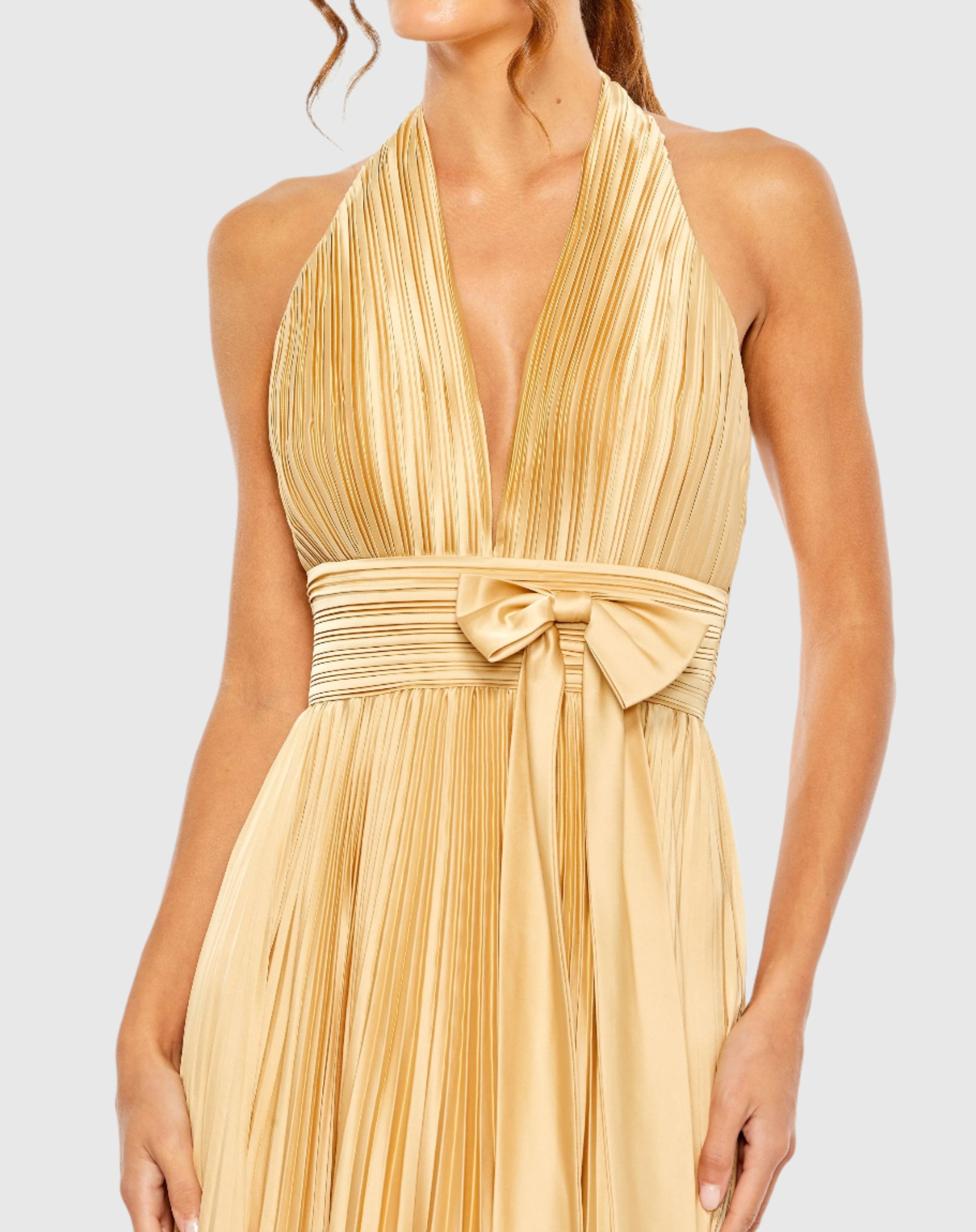 Gold Pleated Halter Neck Wedding Guest Maxi Gown with Center Bow