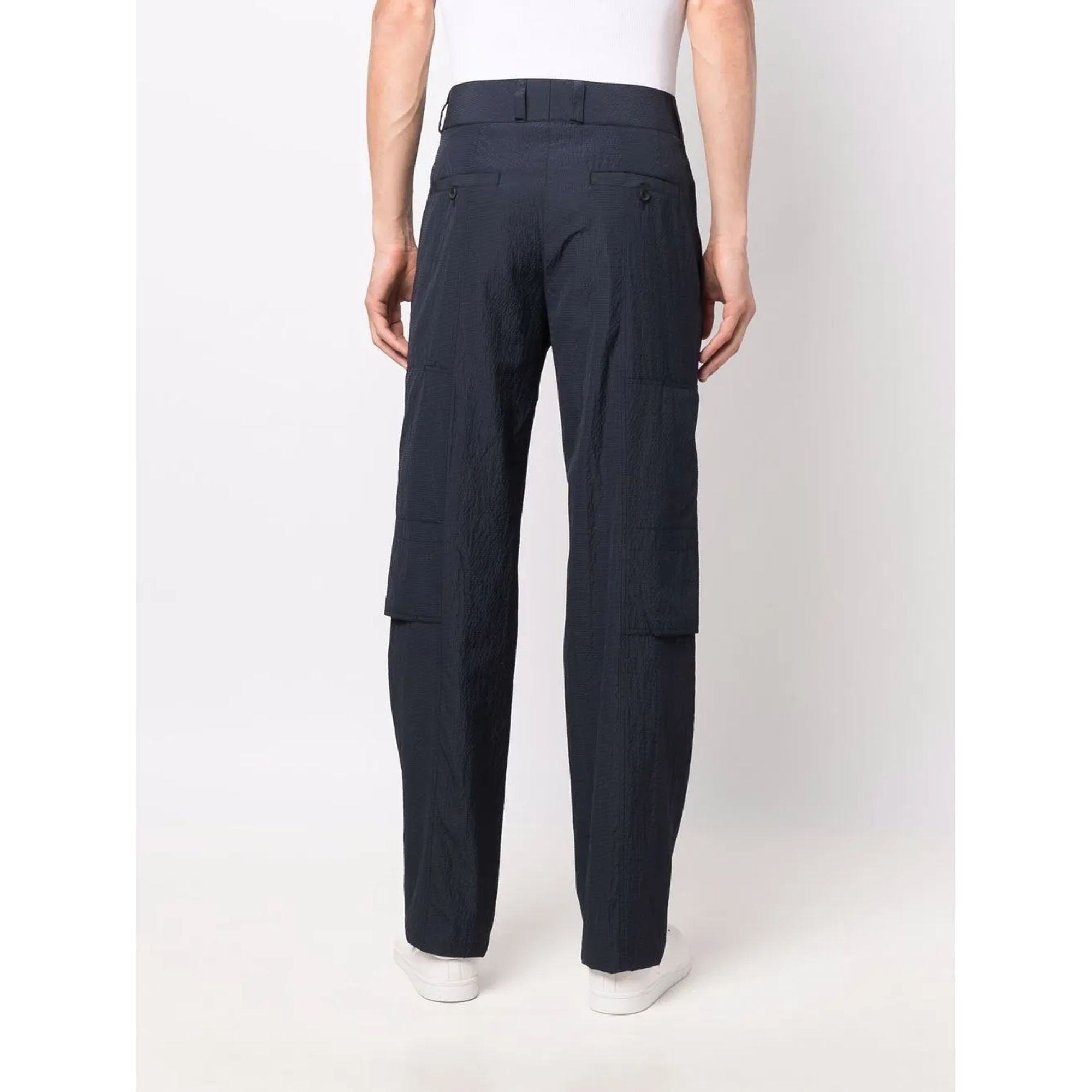 Multi-Pocket Seersucker Cargo Pants — Navy