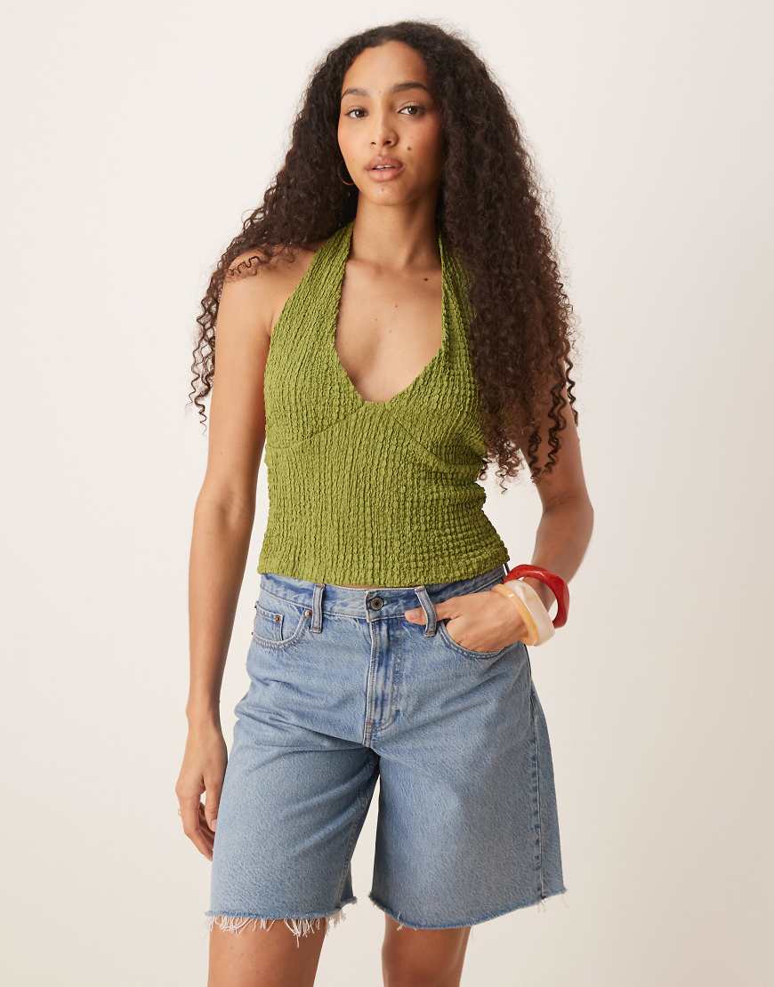 Texture halter neck top in green