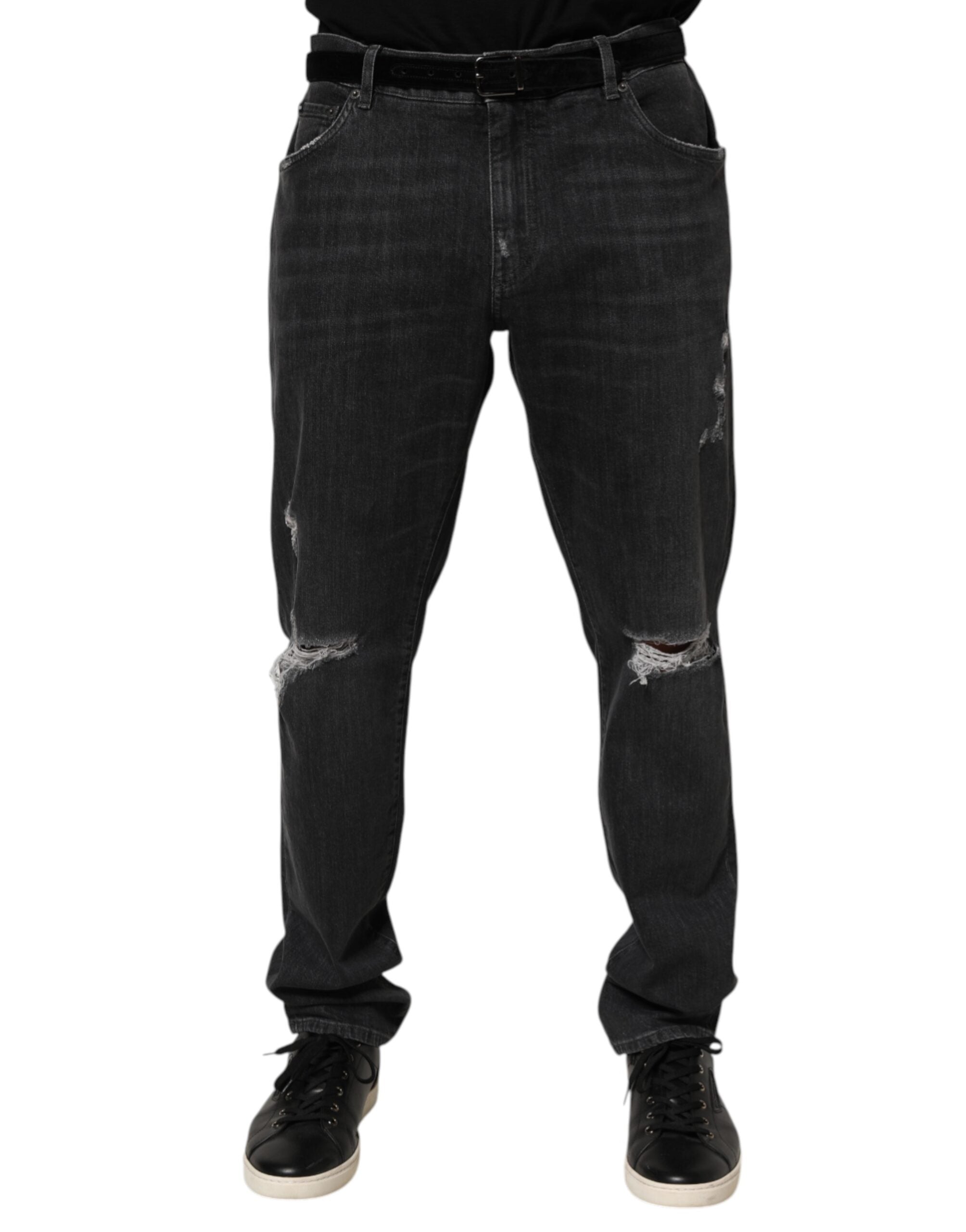 Distressed Ripped Cotton Jeans — Black