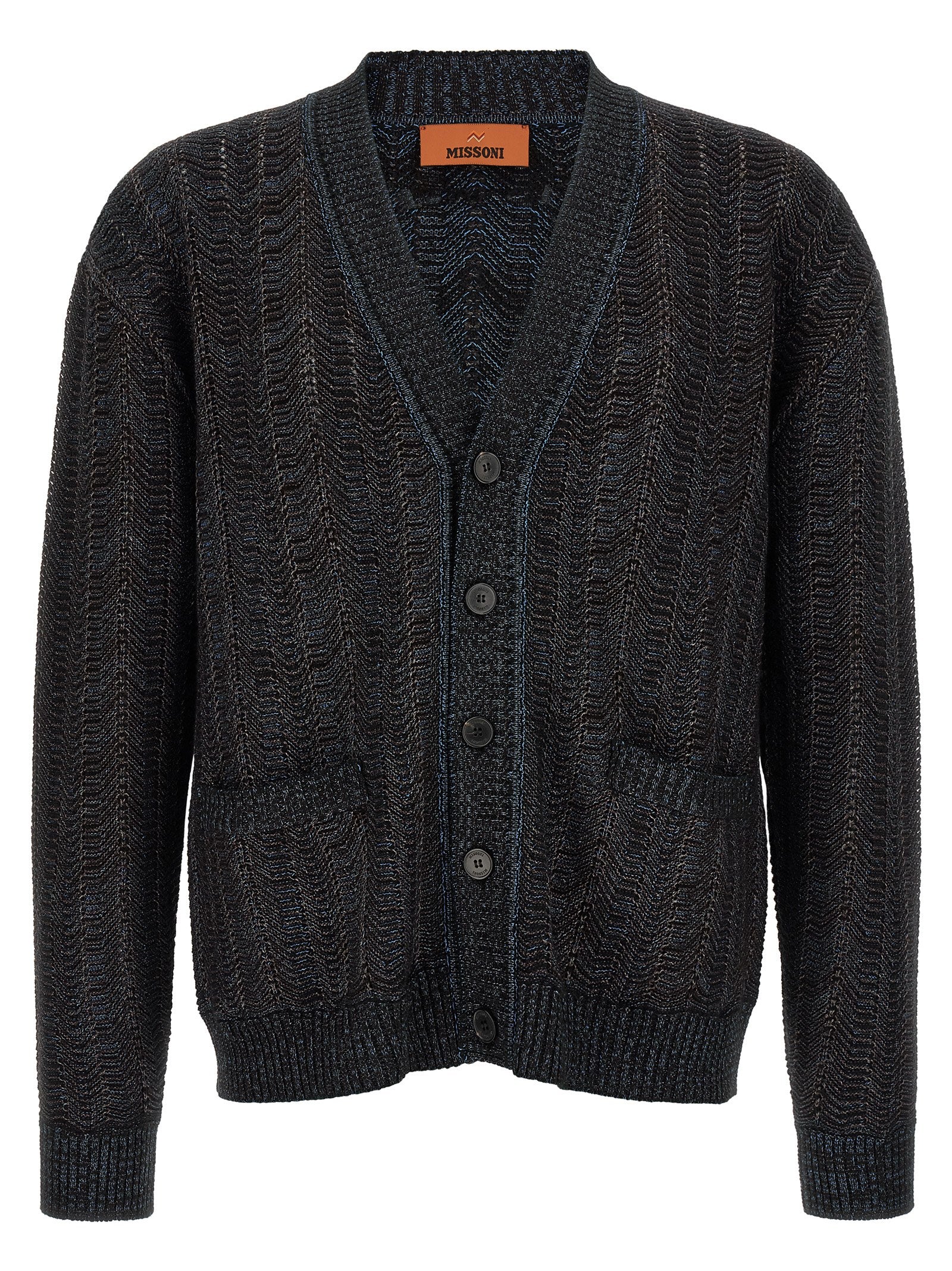 Chevron-Textured Viscose Wool Cardigan — Black