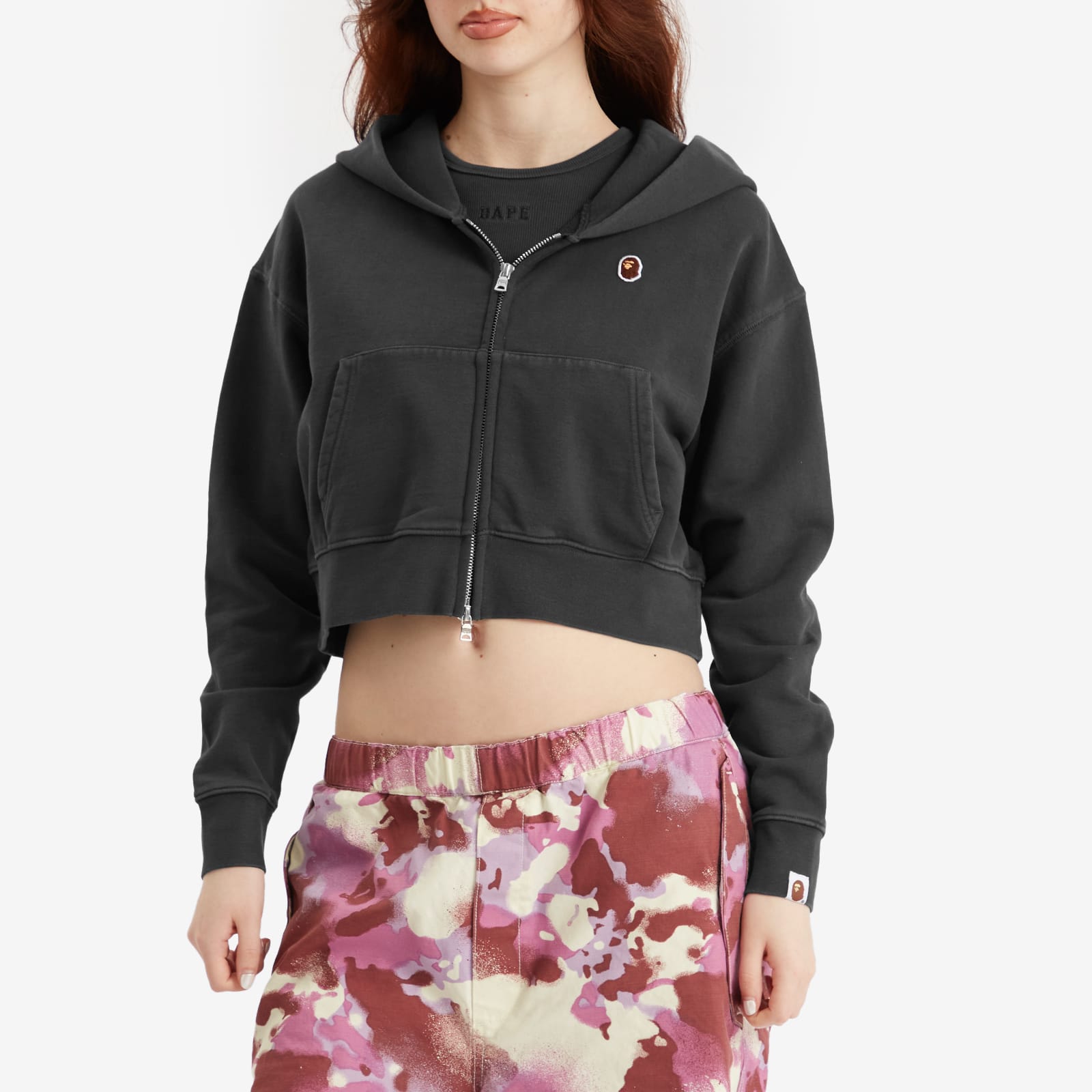 Women's Pigment Dyed One Point Crop Zip Hoodie Black