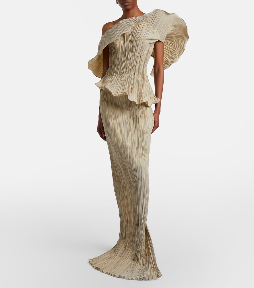 Asymmetric pleated taffeta gown