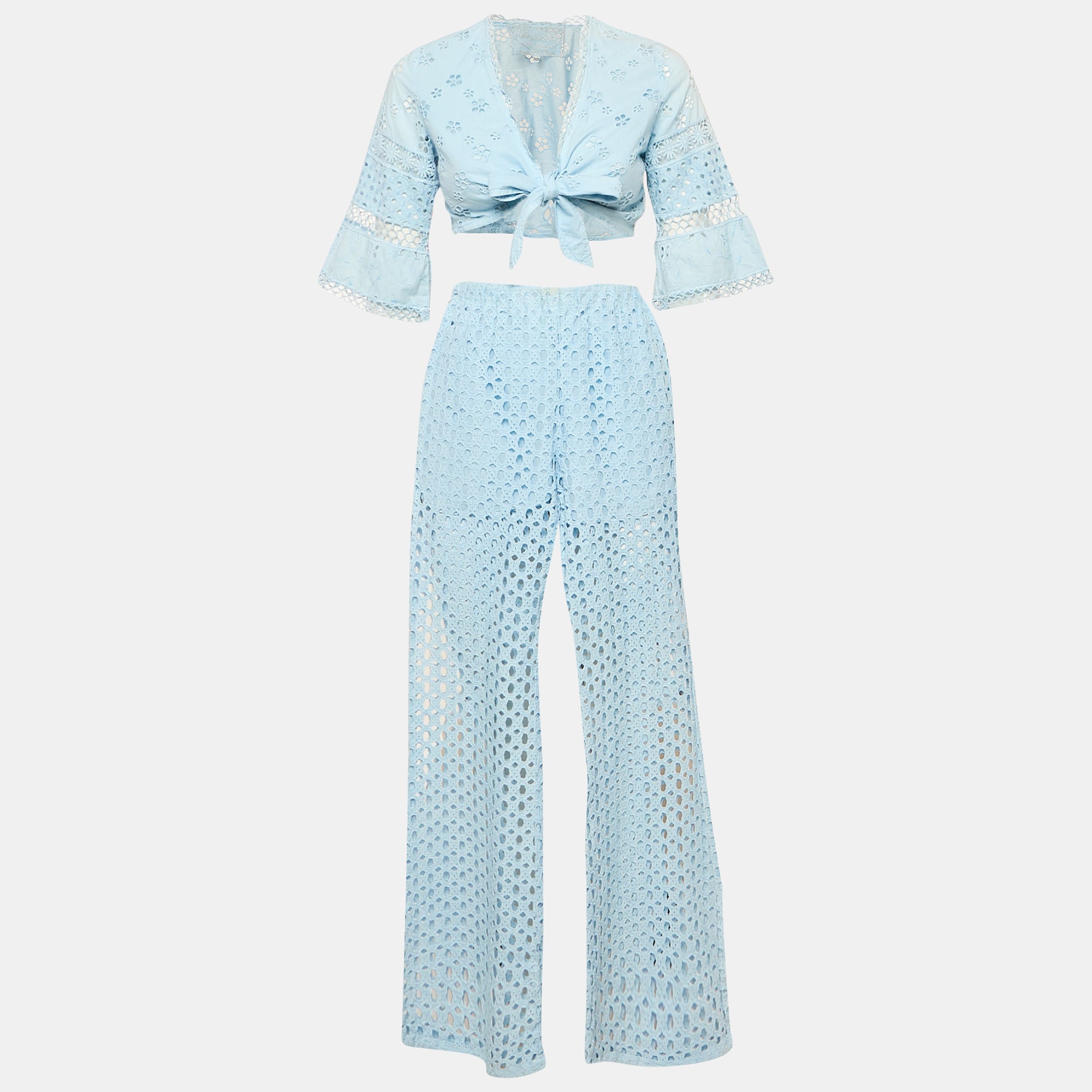 Blue Broderie Anglaise Wrap Top And Pants Set