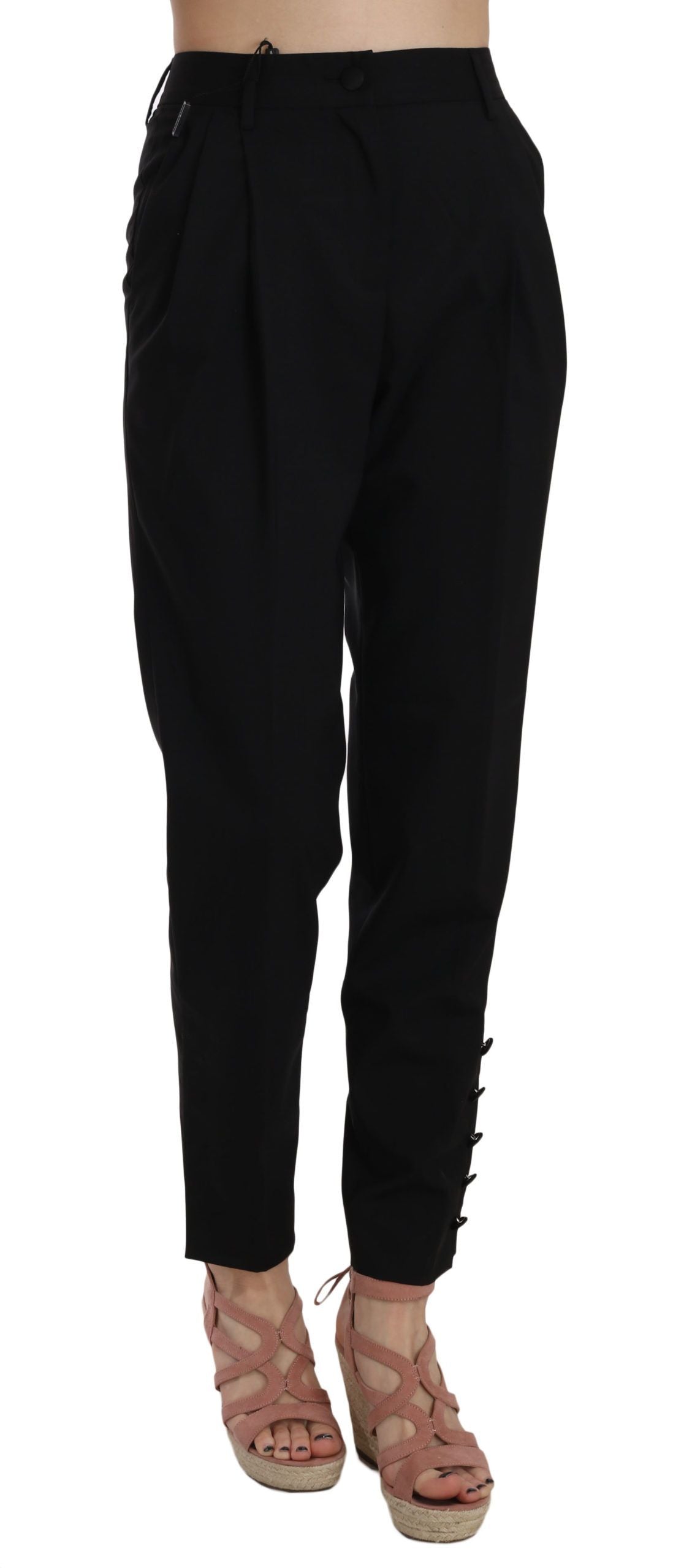 Button Pleated Tapered Trousers — Black