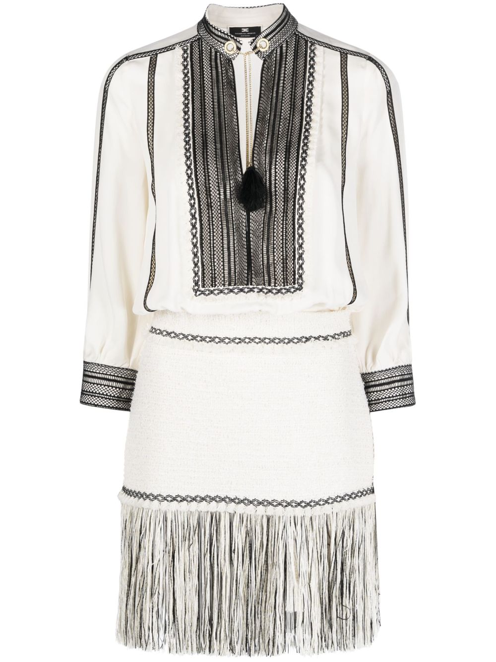 Fringed georgette and tweed minidress - Neutrals
