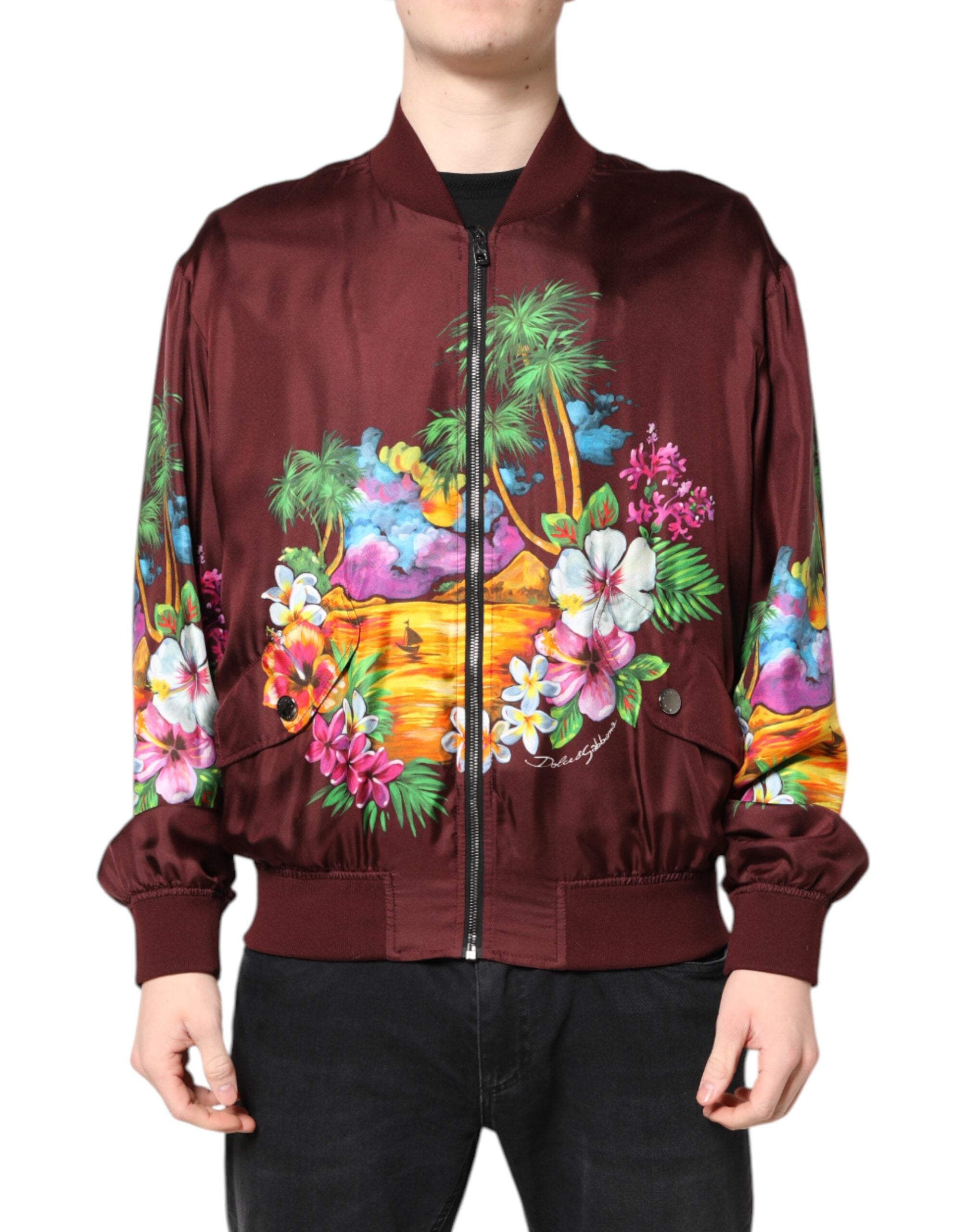 Floral Print Silk Bomber Jacket — Maroon