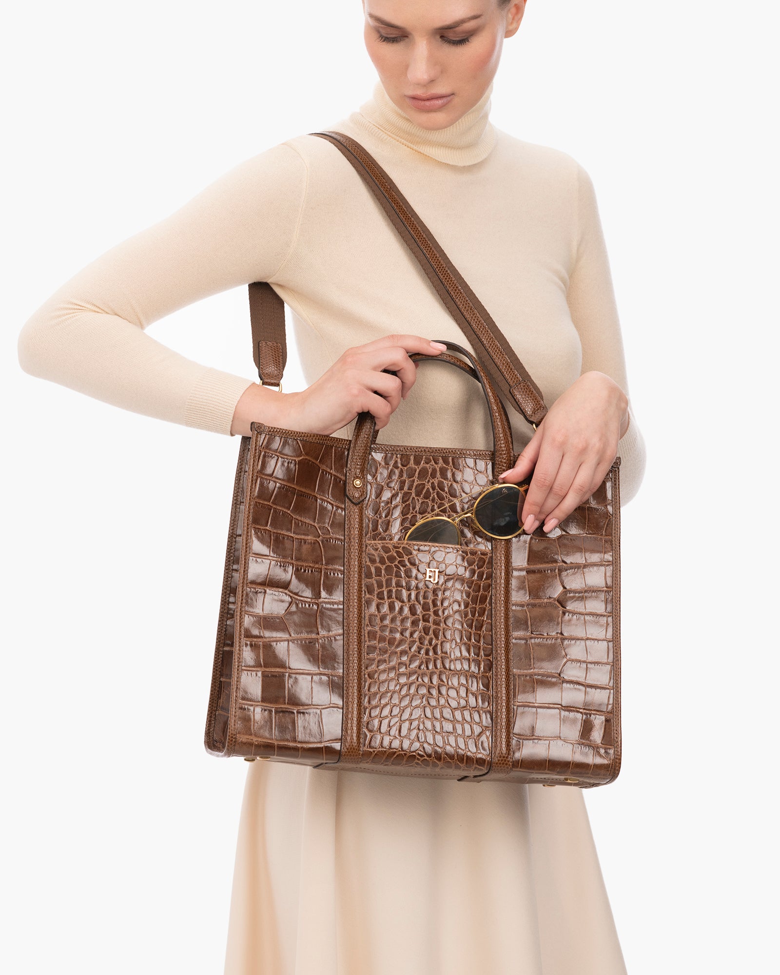 TaTa Tote Bag - Black Embossed Calf Leather, Magnetic Snap Closure, Detachable Shoulder Strap, Canvas Lining, Laptop Compatible