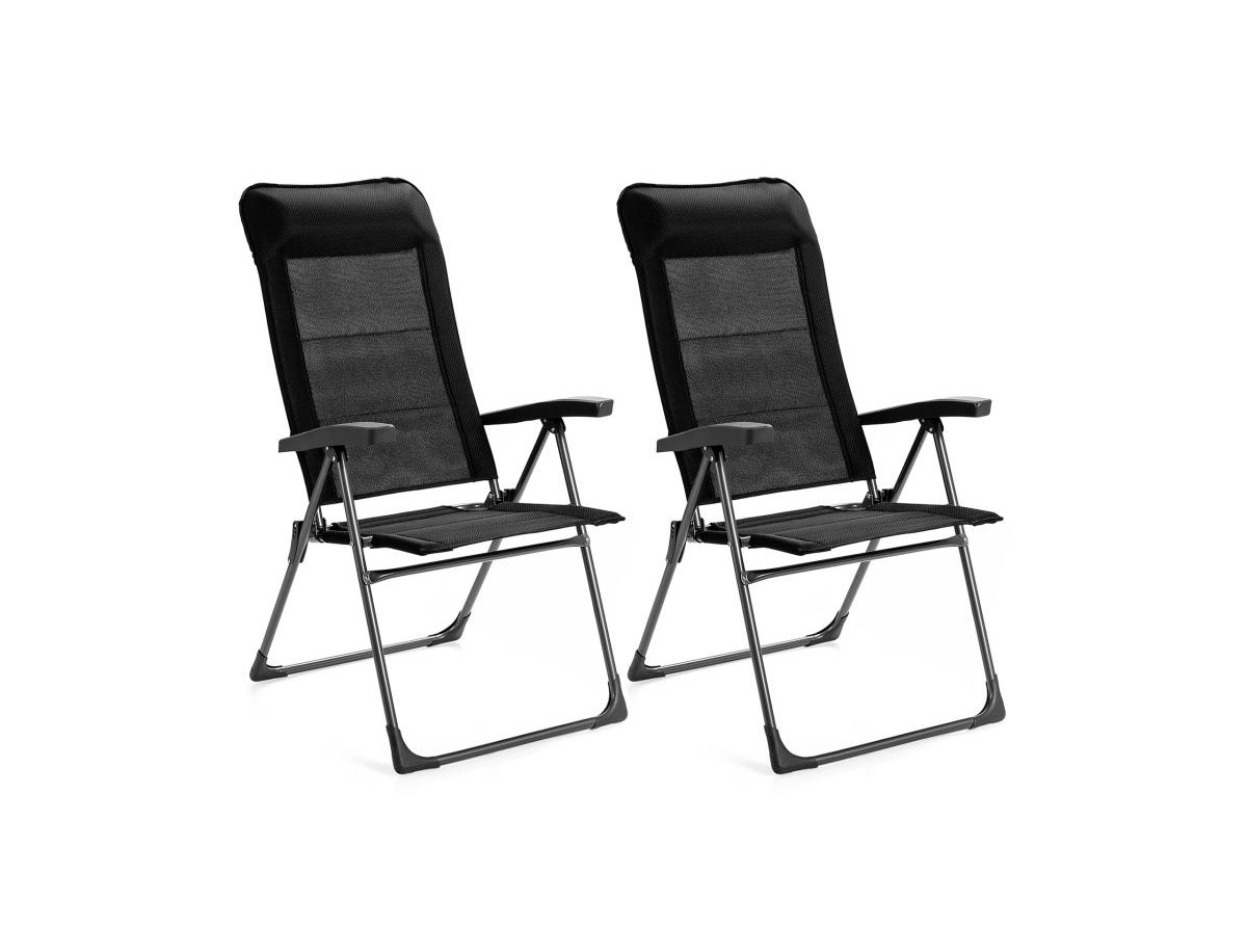 2 Pcs Portable Patio Folding Dining Chairs with Headrest Adjust for Camping -Black - Black