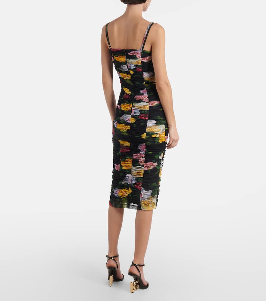 Floral ruched tulle midi dress