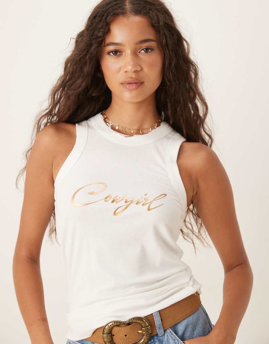 Ribbed metallic cowgirl tank top in white and gold
