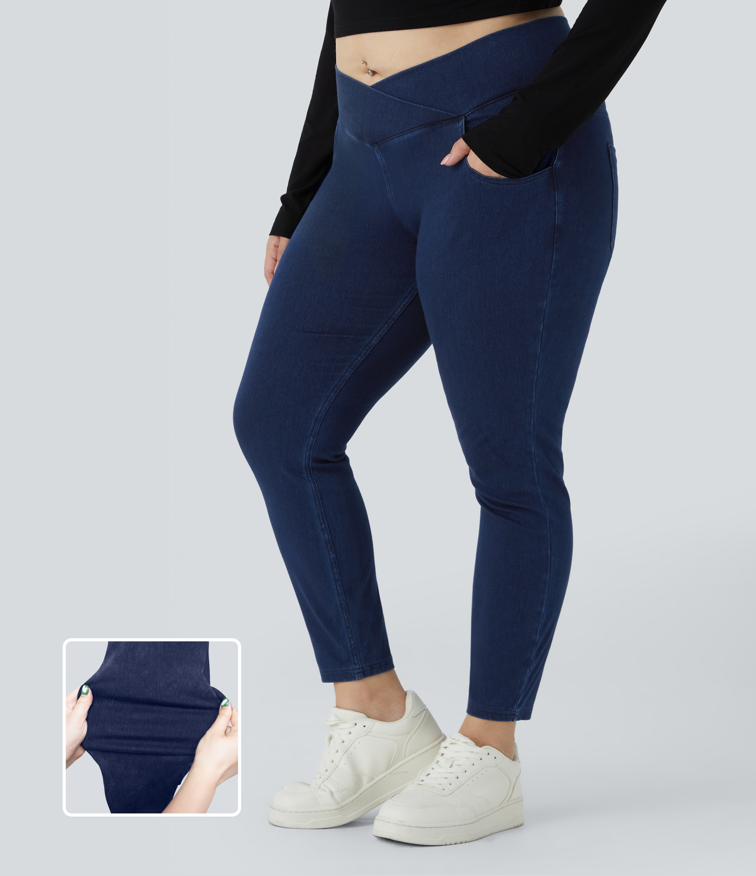 Halara Halara Flex™ High Waisted Crossover Pockets Denim 7/8 Plus Work Leggings - Washed Denim Navy Blue - 1X