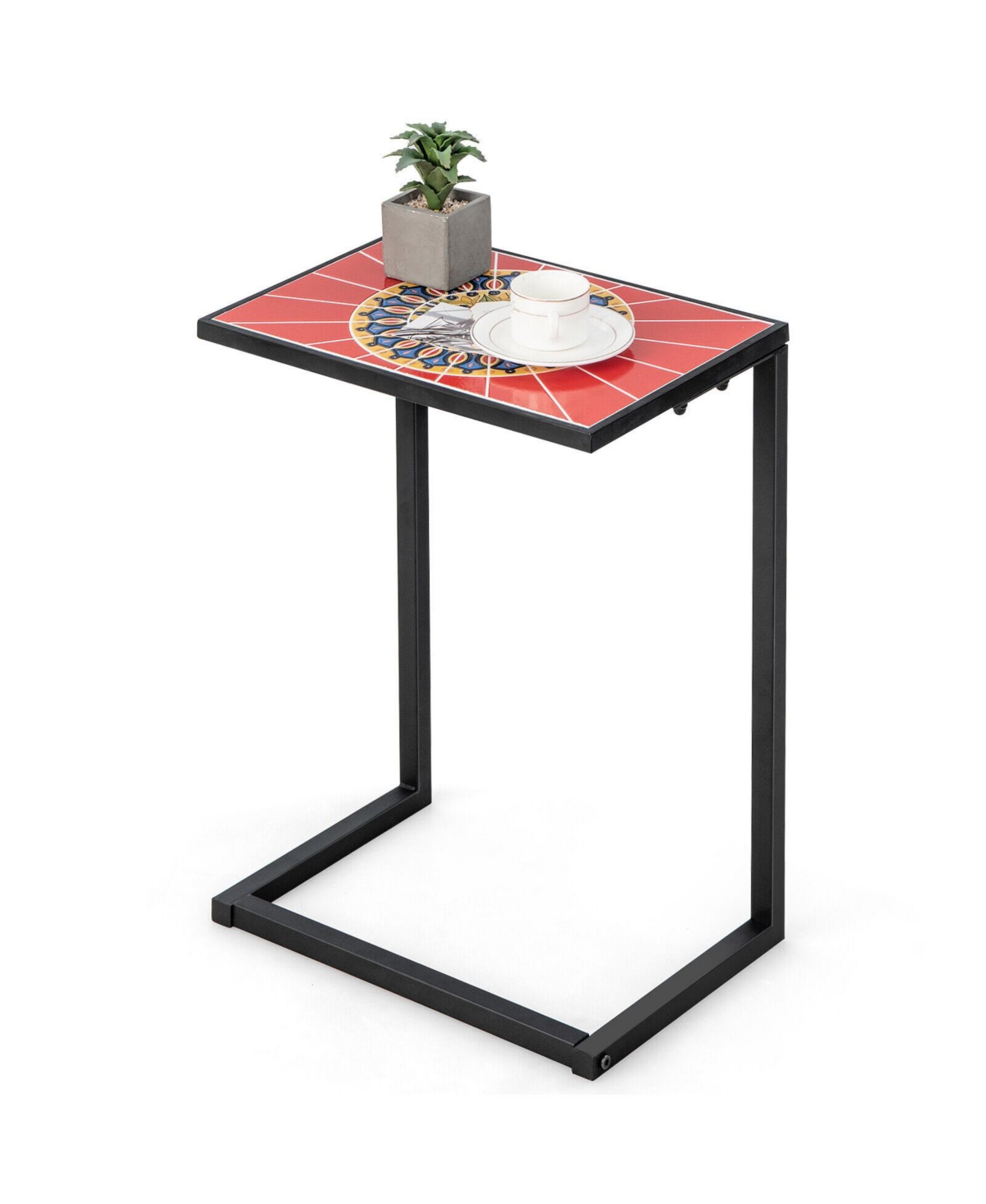 C-Shaped Outdoor Side Table with Waterproof Ceramic Top for Patio or Balcony - Colorful