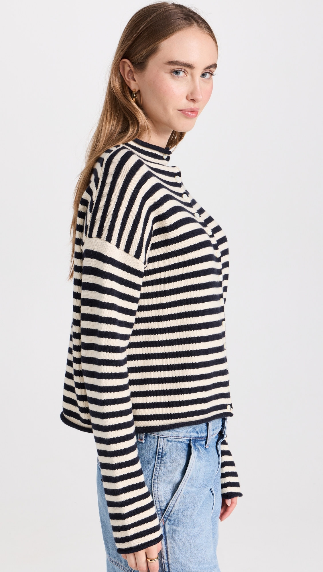 Taylor Cardigan in Stripe Cotton Cashmere Blend Navy/Ivory