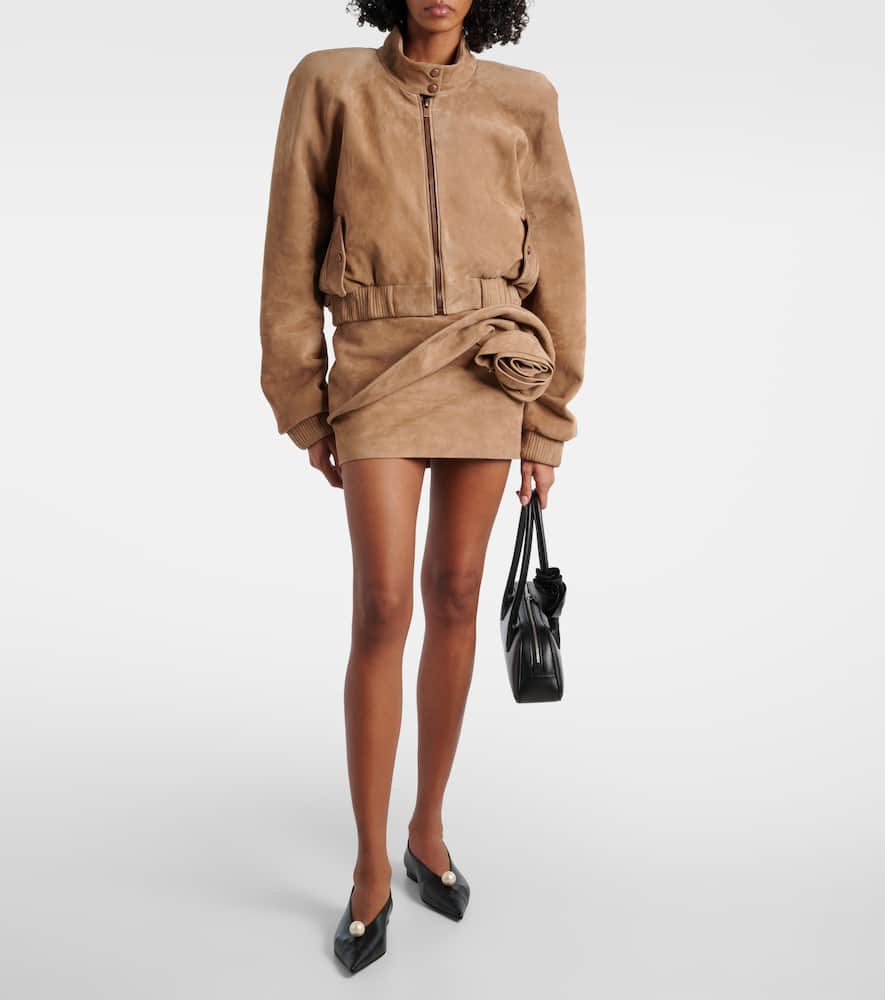 Floral-appliqué leather miniskirt