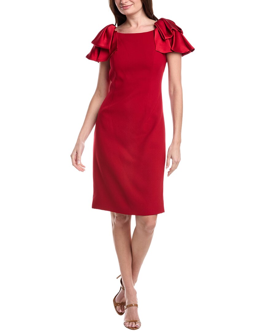 Crepe Boatneck Satin Ruffle Shoulder Dress