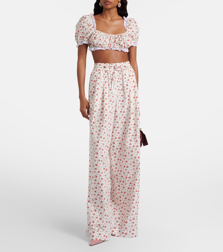 Floral lace-trimmed cotton poplin crop top
