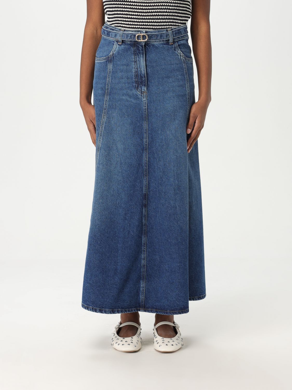 Oval T-belt denim maxi skirt - Blue