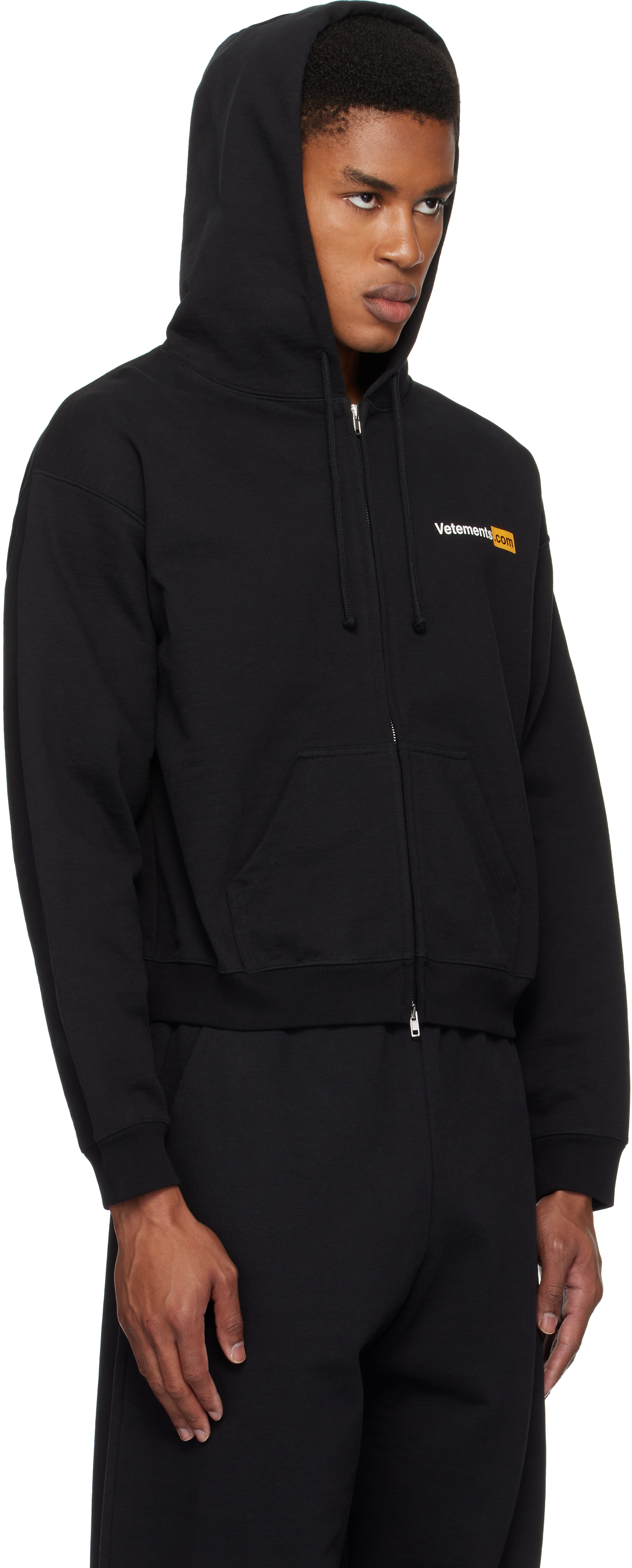 VETEMENTS Black 'Vetements. com' Fitted Zip-Up Hoodie