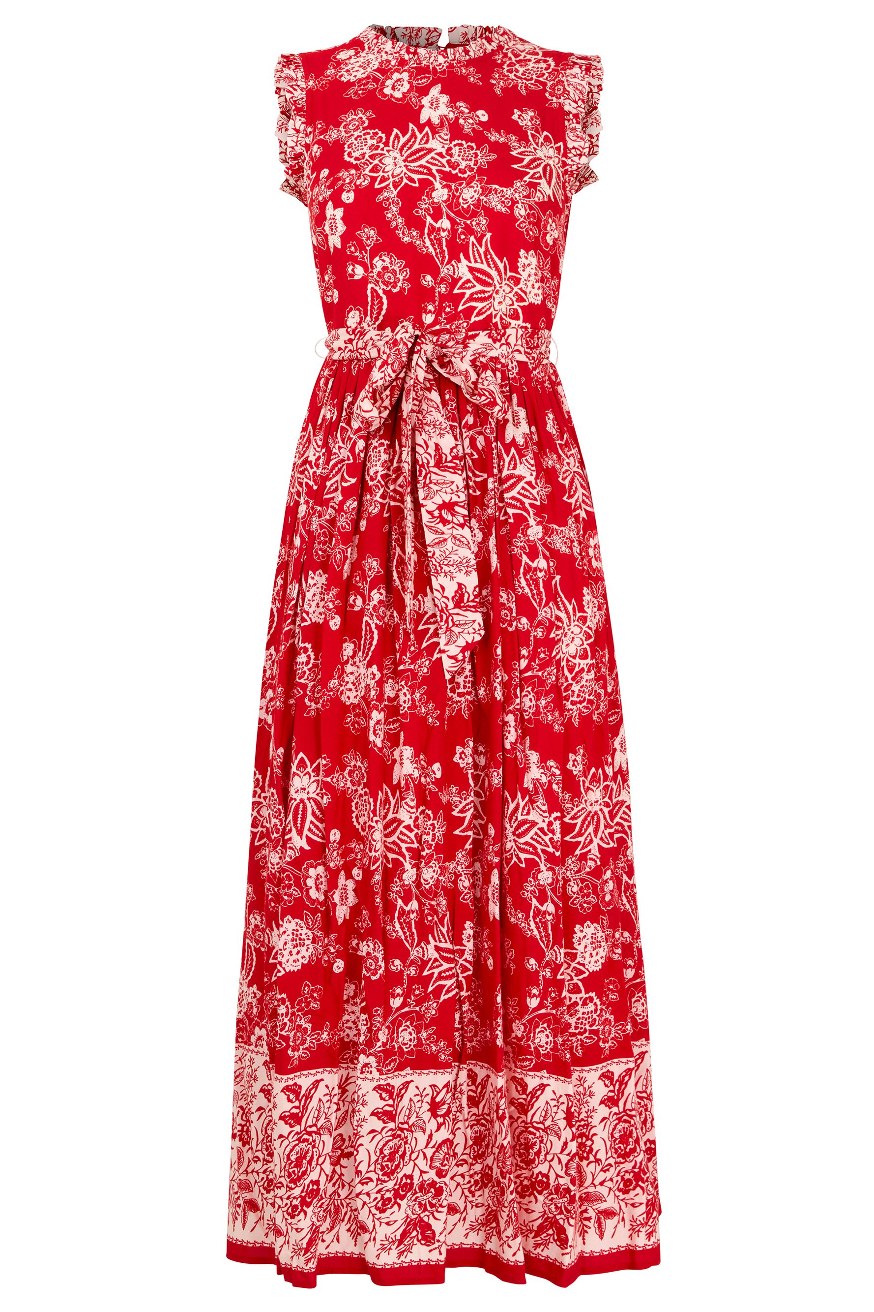 Joe Browns Floral Maxi Dress With Ruffle Collar And Border Print In Red