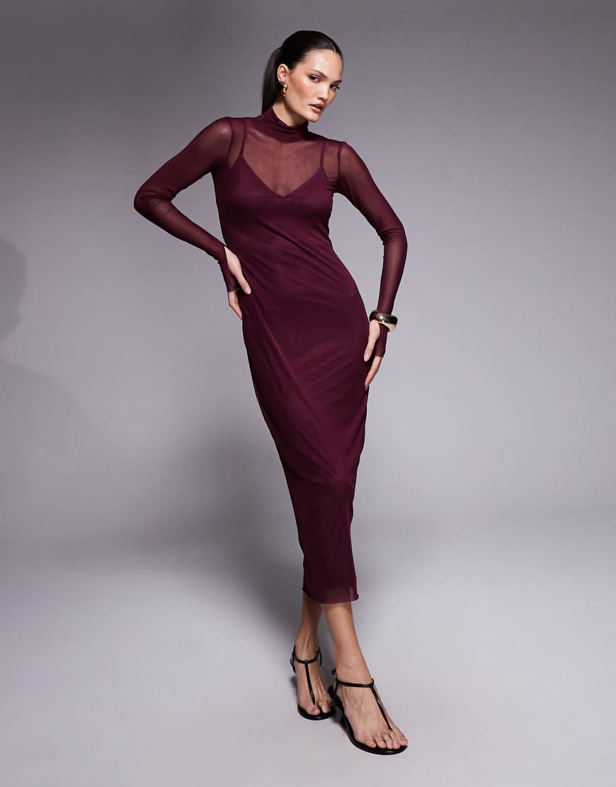 Shailene high neck mesh midi dress in fig-Purple
