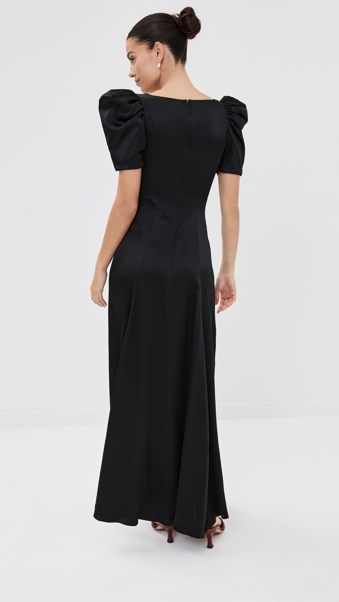 Black Silk Satin Puff Sleeve Dress With Sequin Detail Black