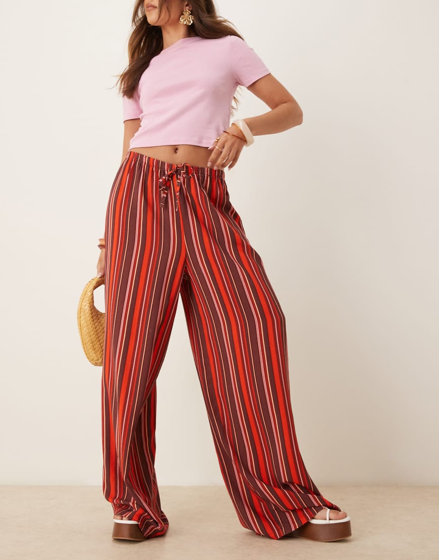 ASOS DESIGN wide leg pull on trouser in maroon stripe-Multi