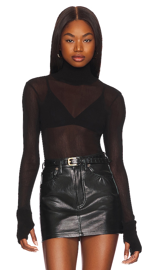 Enza Costa Cotton Mesh Cuffed Long Sleeve Turtleneck Sweater in Black - Black. XS also in