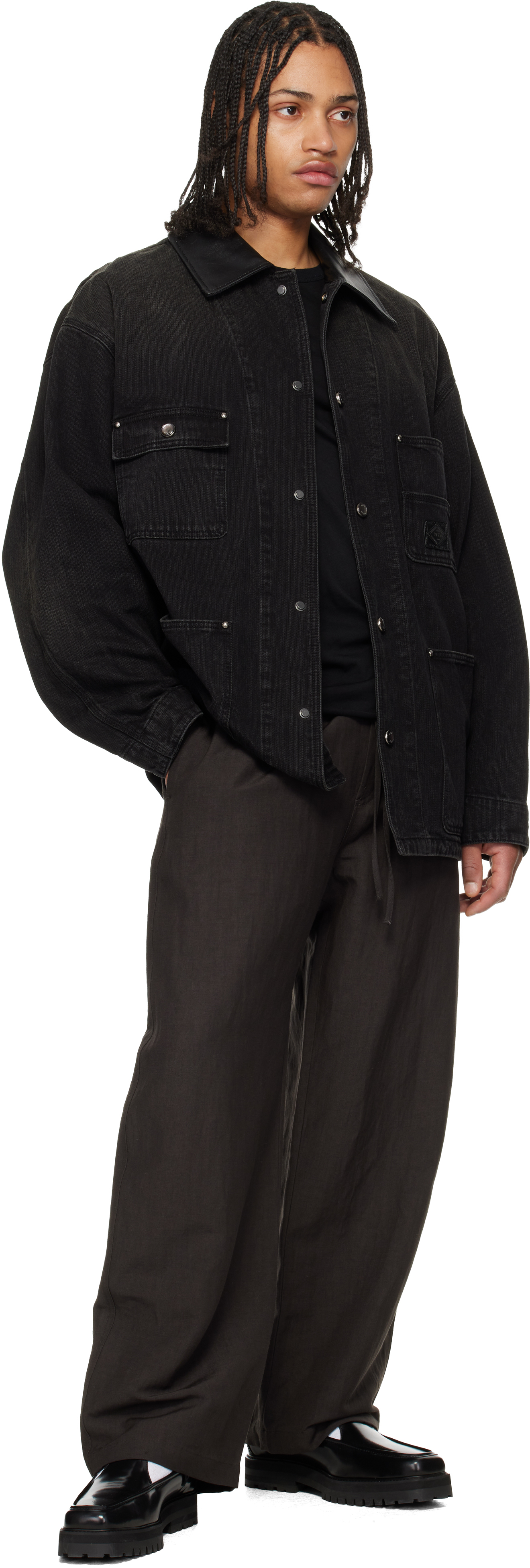 Black Leather Collar Tin-washed Denim Coat