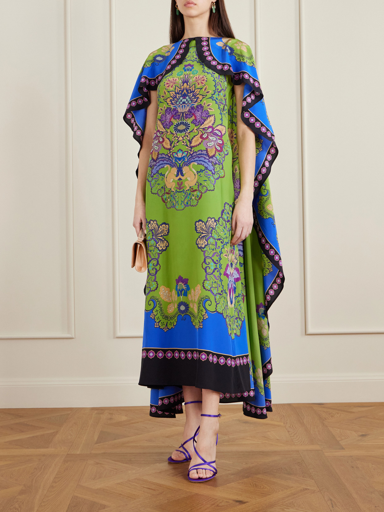Magic Cape-effect Printed Silk Crepe De Chine Maxi Dress - Green