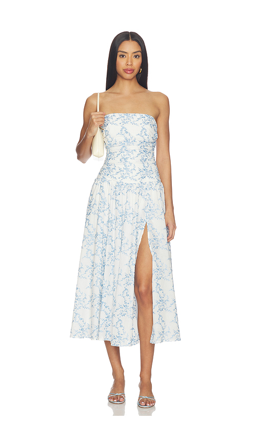 MAJORELLE Olenna Midi Dress in Baby Blue,White. L. Also in XXS, XS