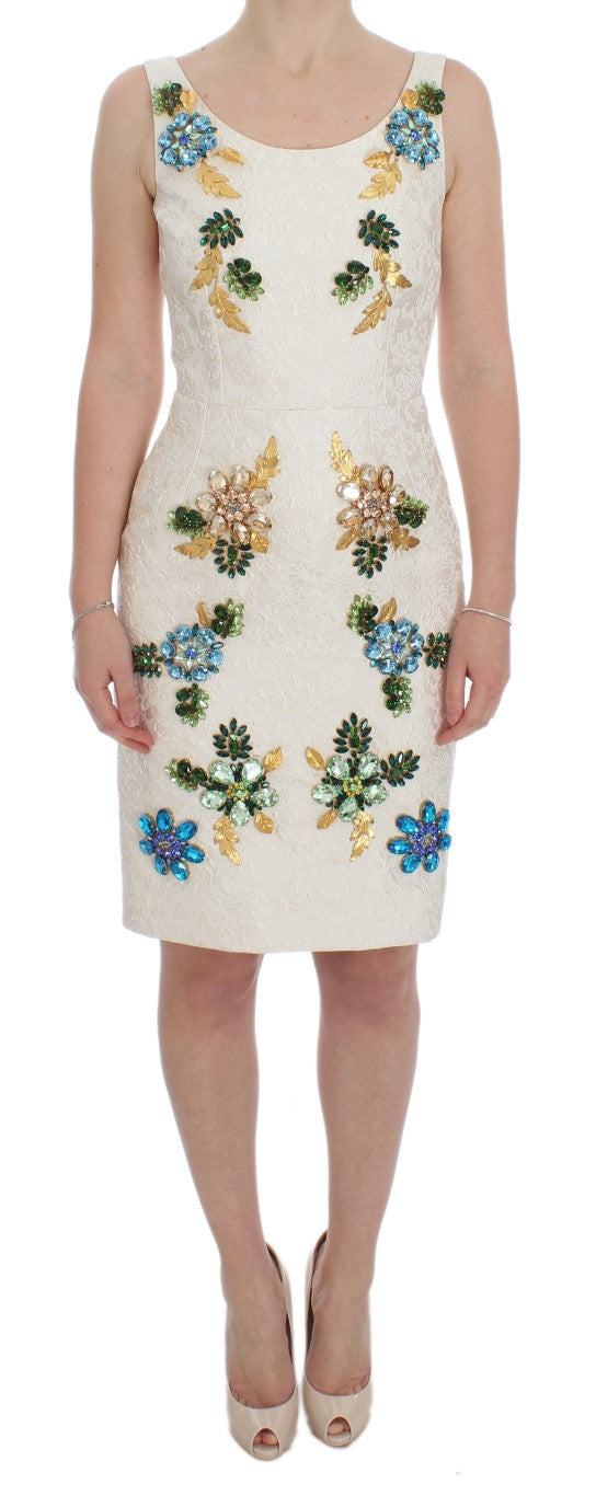 Crystal-Embellished Brocade Dress — White