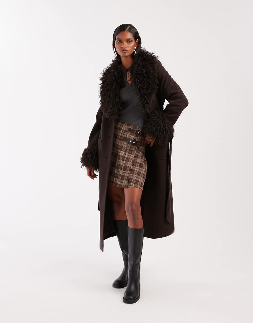 & wool belted midaxi coat in brown with faux fur trim