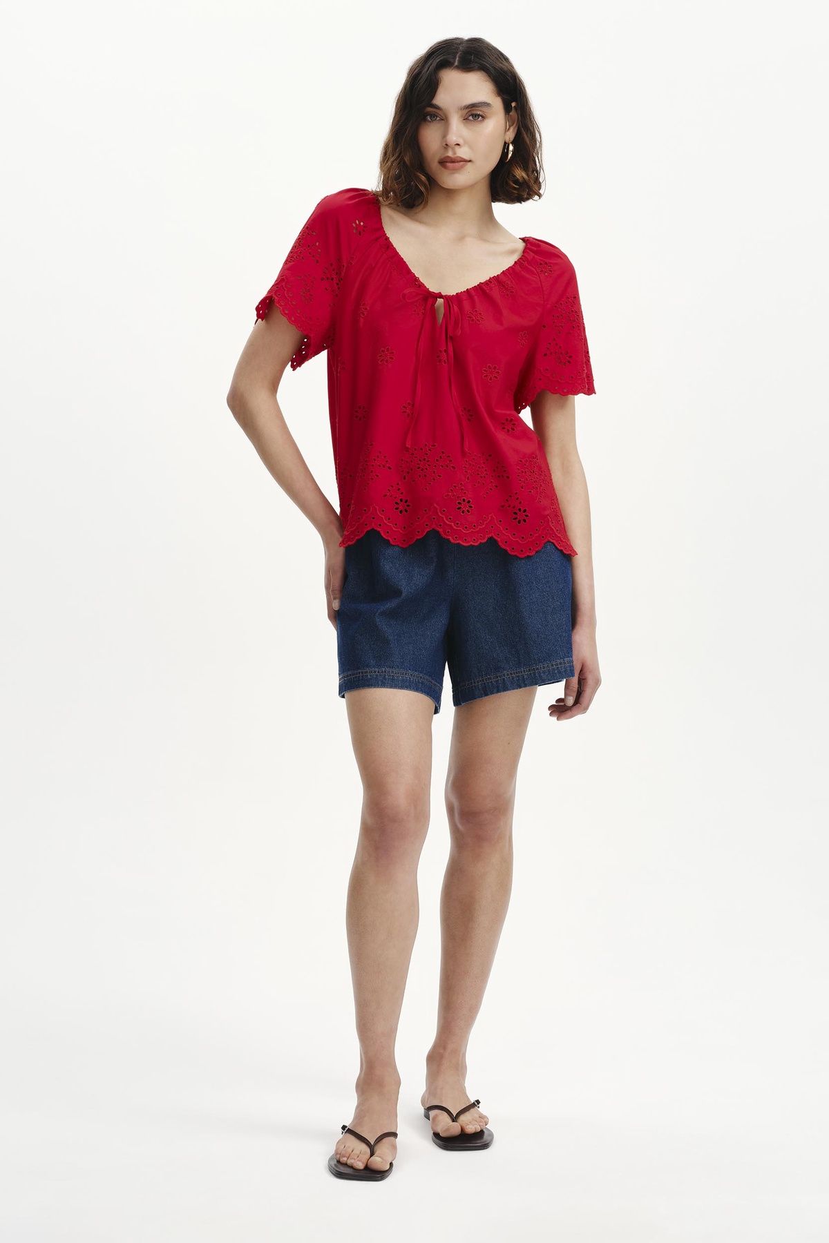 Finery London Women's Ruthie Embroidered Cotton Drawstring Top in Red