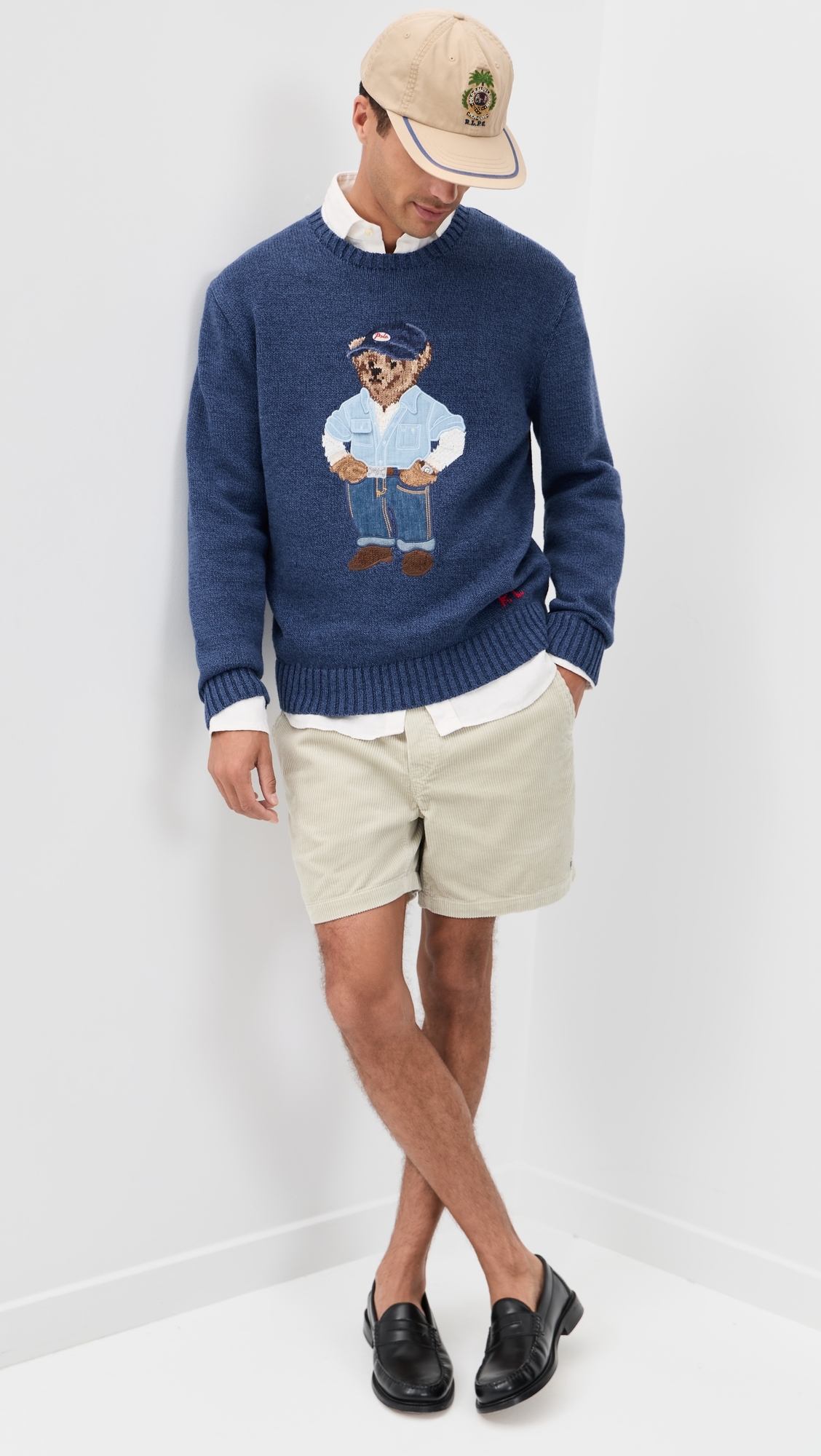 Original Label Cotton Linen Denim Bear Crewneck Sweater Light Navy