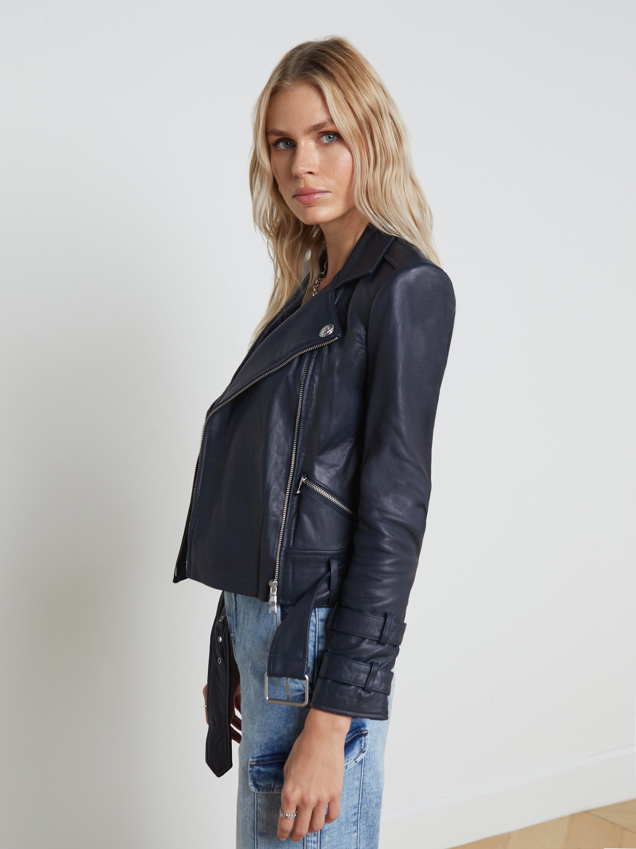 Billie Belted Leather Jacket In Midnight