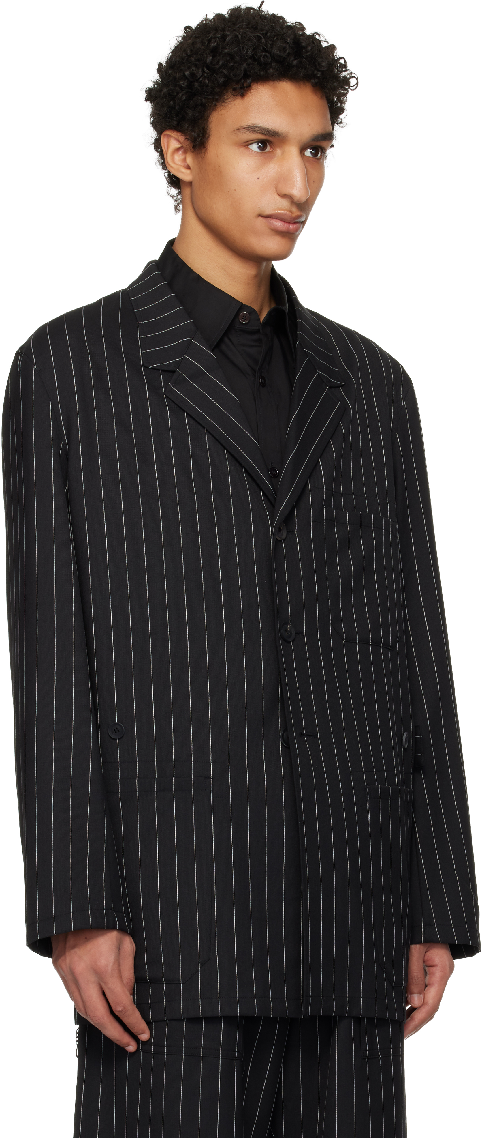 Black Pinstripe Refined Wool Chore Blazer