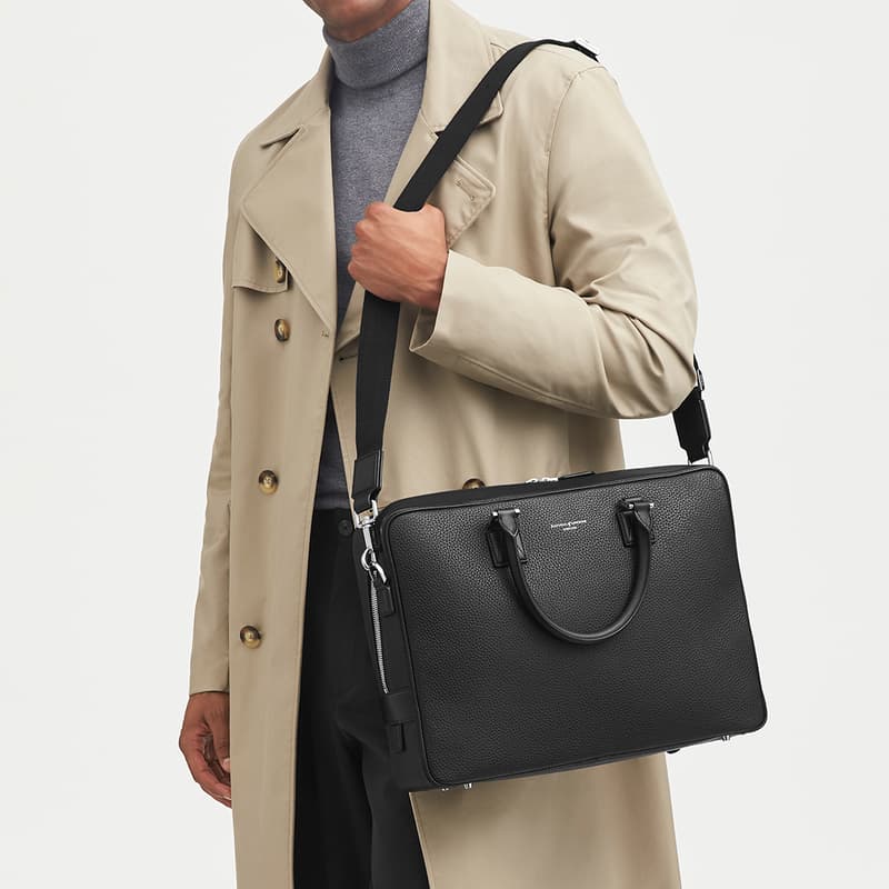 Mount Street Leather Laptop Briefcase Bag in Black Pebble